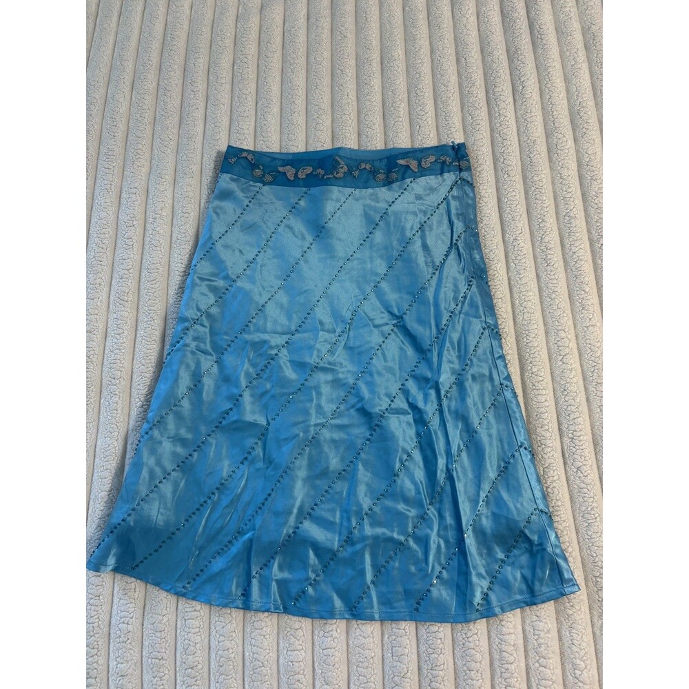 Y2K Talbots kids Silk Beaded butterfly Midi Skirt girls 8 aquamarine blue fairy